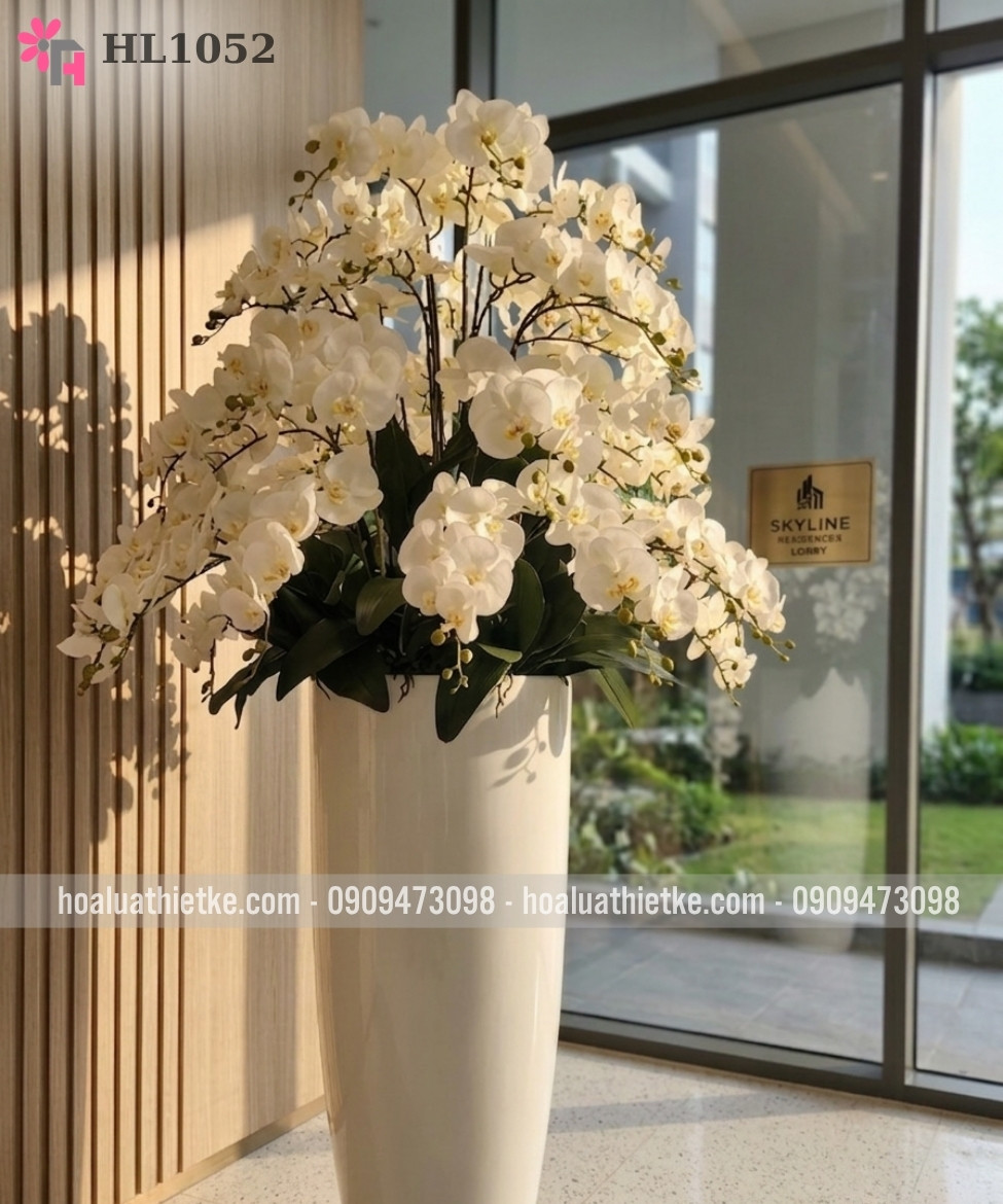 Bình lan hồ điệp trắng 1m6 trang trí chung cư HL1052
