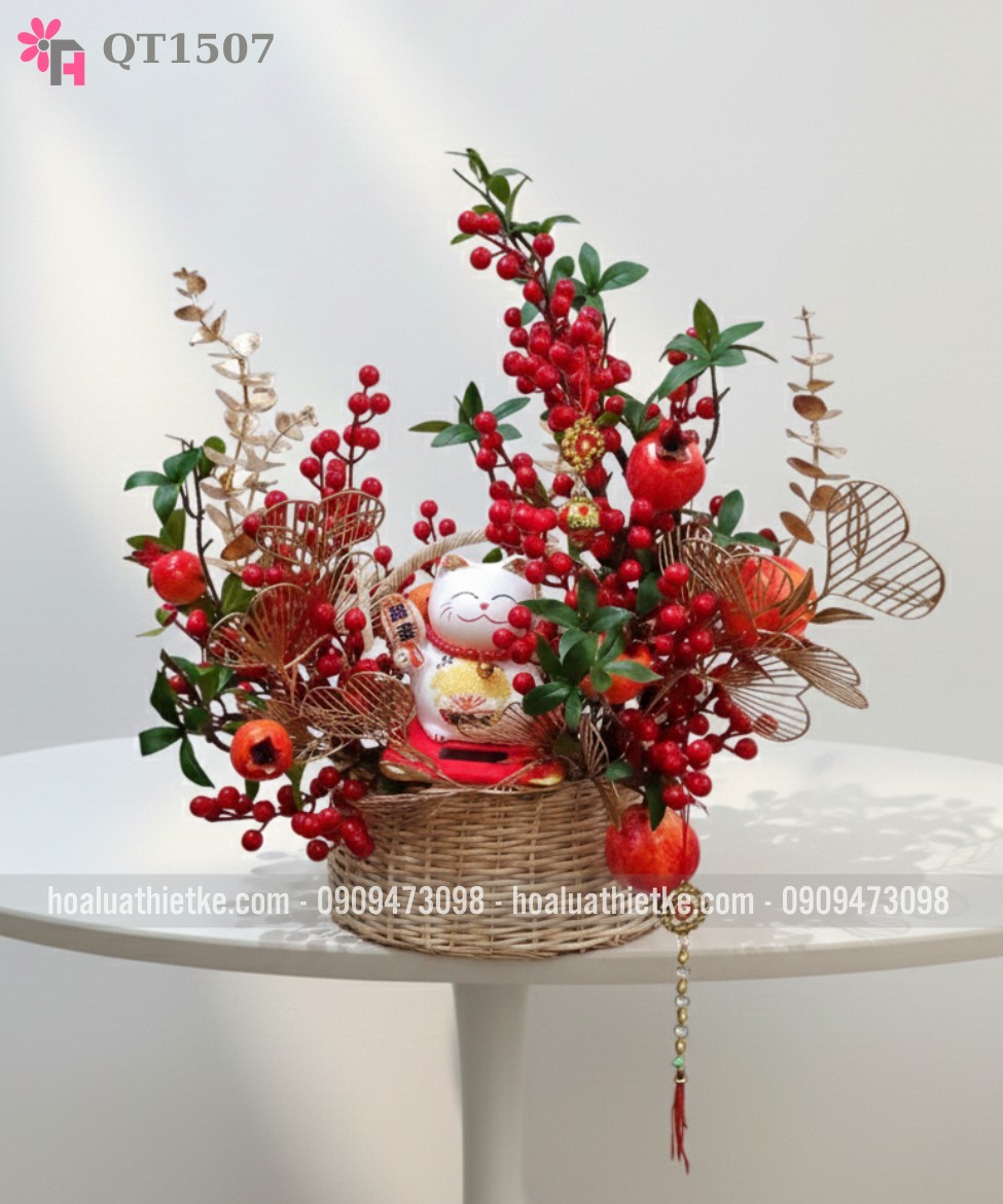 Giỏ hoa đào đông giả mèo thần tài QT1507