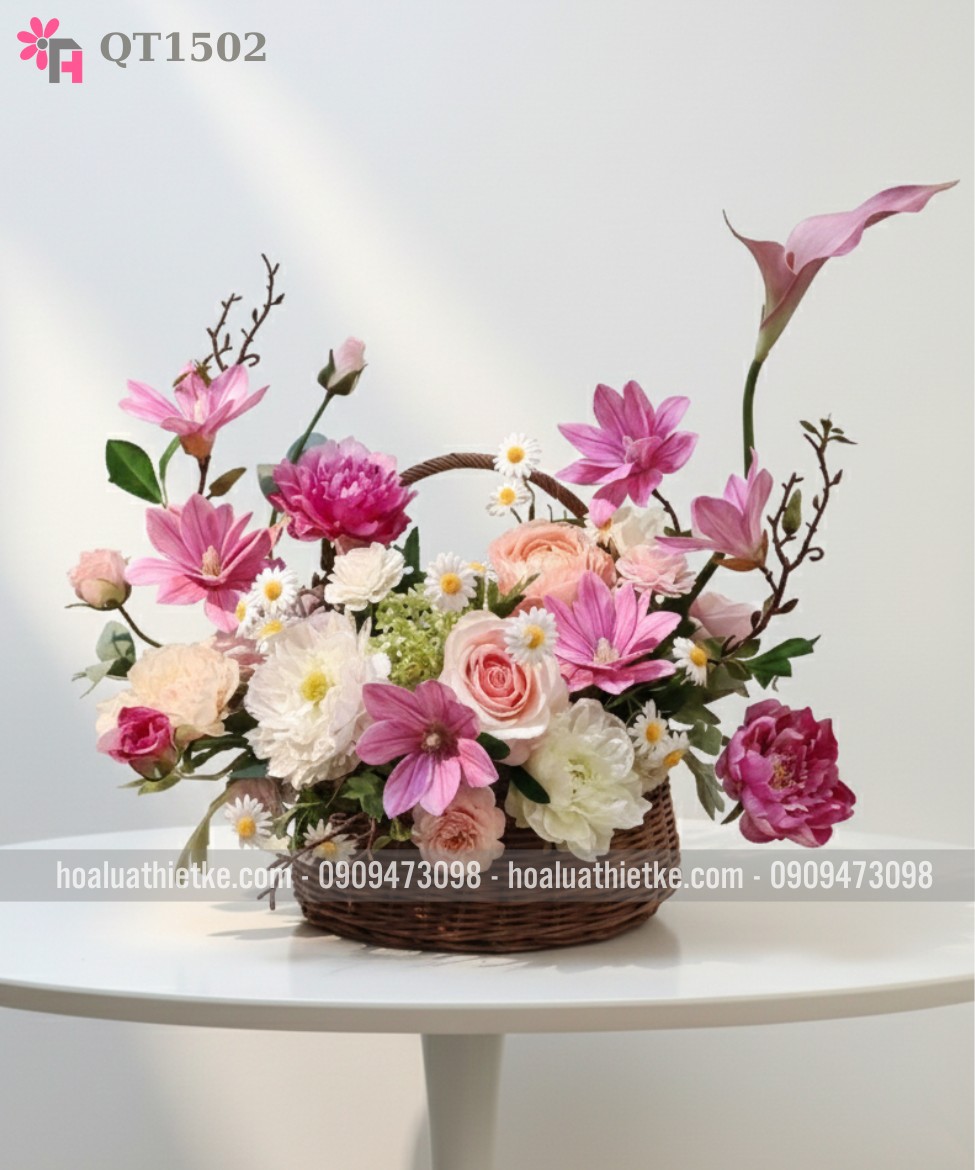 Giỏ hoa giả tông trắng hồng QT1502