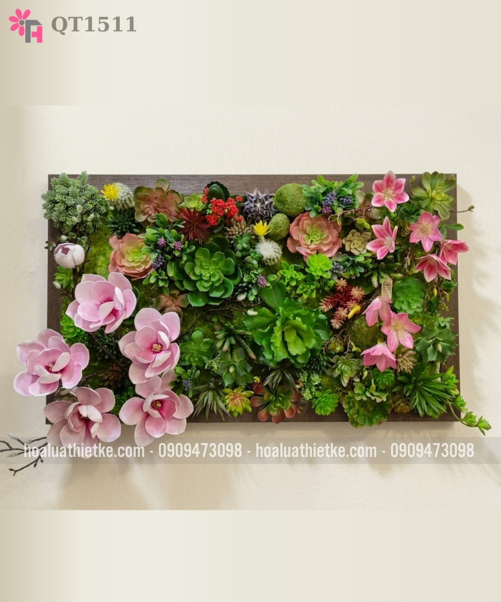 Khung hoa lụa treo tường phối sen đá QT1511